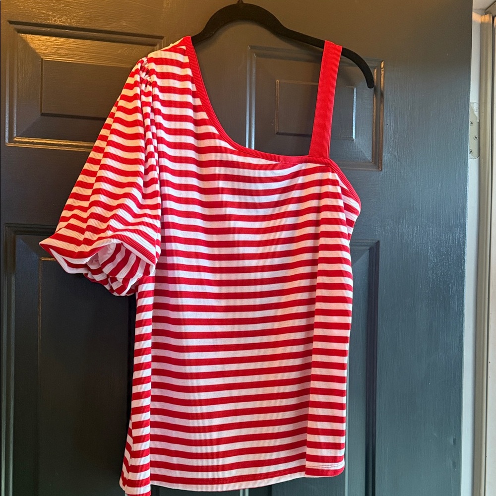 Cato Red and White Asymmetrical Striped Top